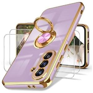 Dretal for Samsung Galaxy A56 5G Case, Galaxy A56 5G Case with Screen Protector, 360° Rotatable Ring Holder Magnetic Kickstand, Plated Gold Edge Slim Soft TPU Protective Phone Cover (Purple, A56)