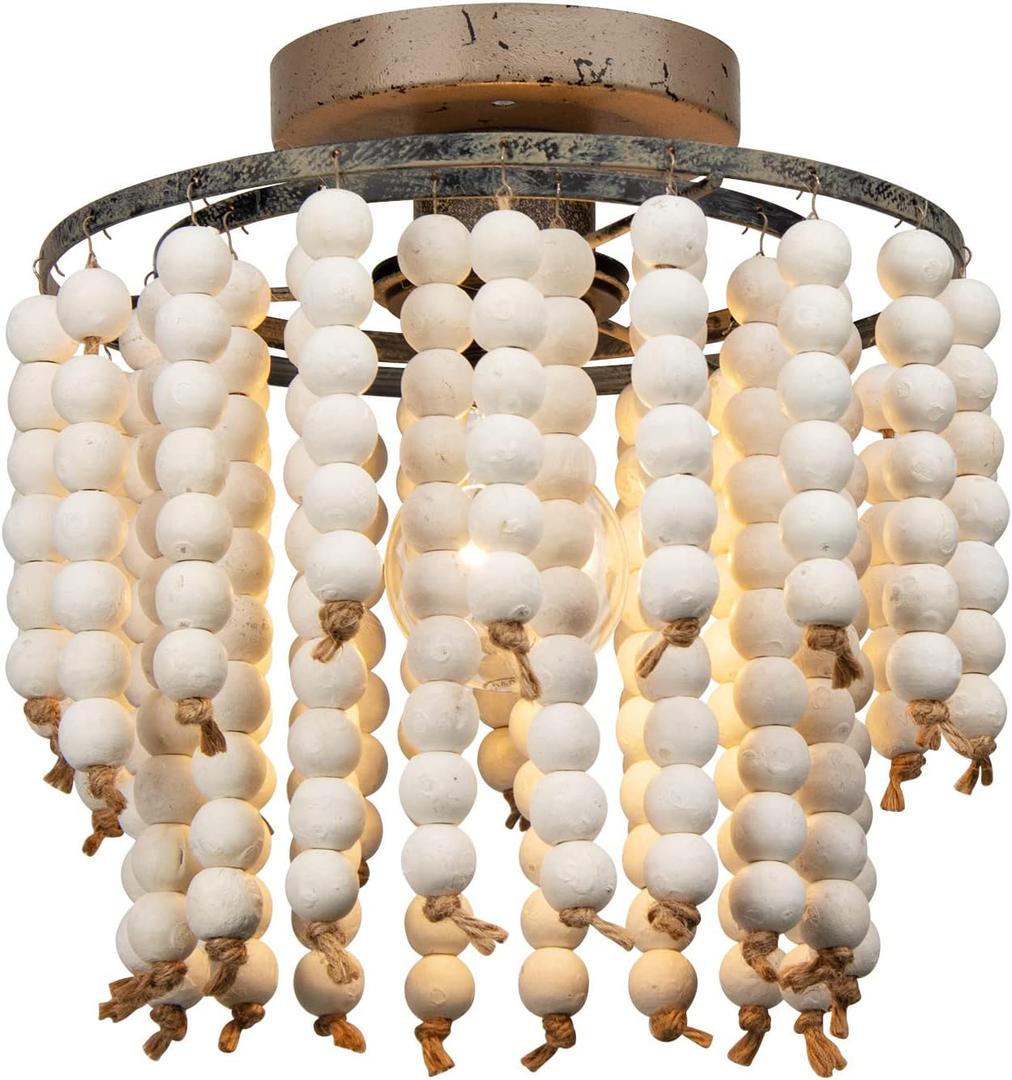 FIRVRE White Natural Wooden Beads Chandelier Light,Boho Ceiling Light,E26 Bulb Wooden Bead Chandelier Light for Bedroom Light Fixture,Entryway, Passway, Dining Room,Living Room