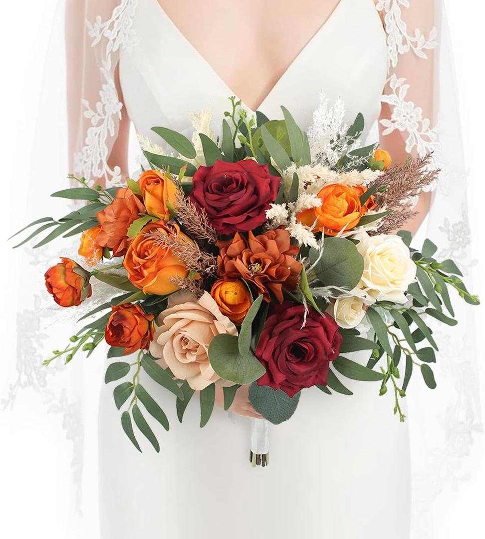 Rinlong 16 Inch Wedding Bouquets for Bride Fall Burgundy & Terracotta Roses, Dahlias, Peonies, Greenery Bouquet for Wedding, one, Boho