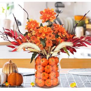 Fall Artificial Flowers for Decoration43Pcs Faux Flowers Arrangement with Dahlia Pampas Grass Mixed Autumn Floral Stems & Mini Pumpkin Vase Filler for Indoor Table Centerpiece Home Dcor (Orange Red)