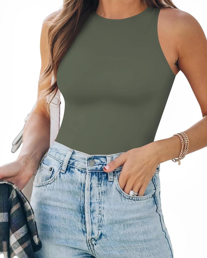 MANGOPOP Tank Top Body Suits Women Sexy Crew Neck Racerback Halter Ribbed Sleeveless Bodysuit for Women (Medium, D4 Sleeveless Gray Green)