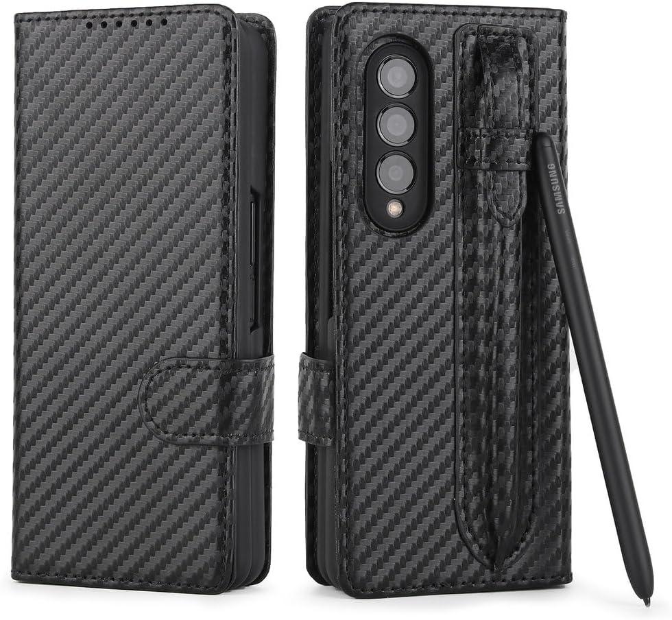 Magnetic Leather Case for Samsung Galaxy Z Fold 5 4 3 Fold4 Fold5 with Pen Holder Card Slot Wallet Shockproof Phone Cover No Pen,Carbon Fiber,for Z Fold 3