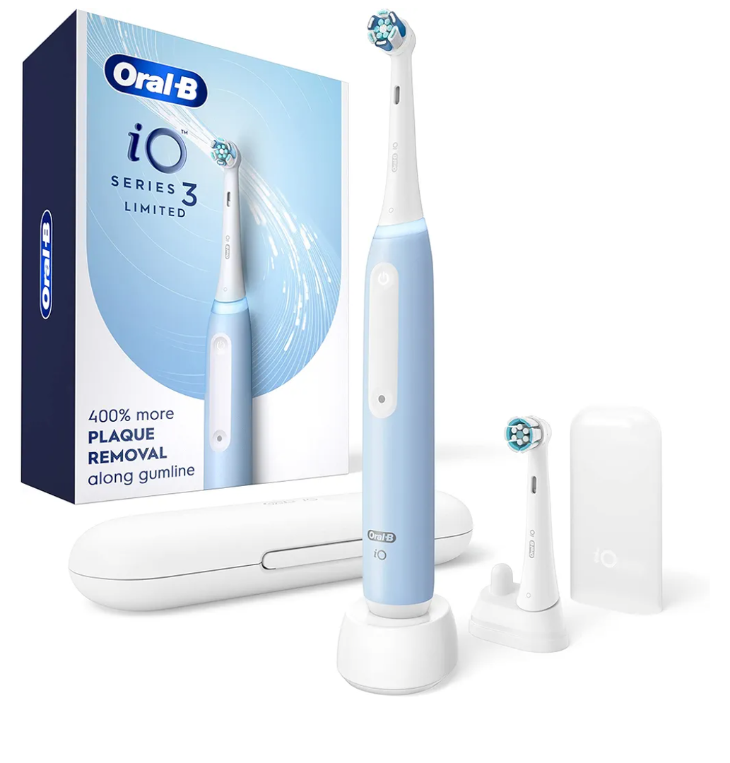 Oral-B iO Deep Clean Rechargeable Electric Powered Toothbrush, Icy Blue with iO Series 3 Limited, 2 Brush Heads and Travel Case - Pressure Sensor to Protect Gums - 3 Cleaning Settings - 2 Minute Timer
