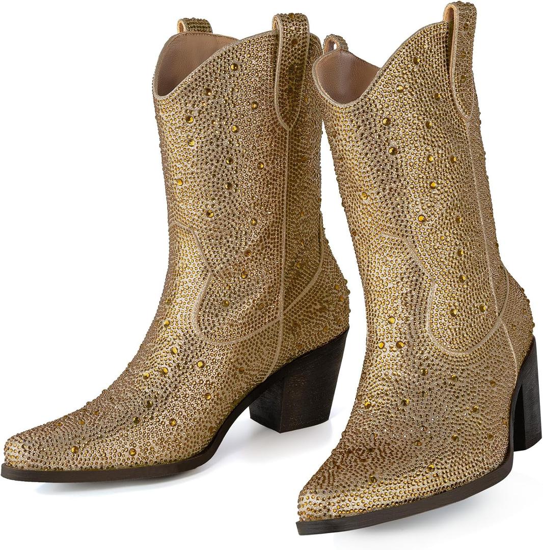 Womens Rhinestone Cowboy Boots Pointed Toe Mid Calf Boots Sparkly Block Heel Cowgirl Boots with Pull On Tabs (10, Gold)