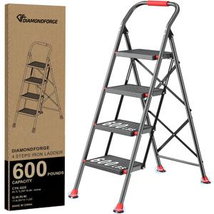 Step Ladder Foldable Folding Stool - for Home Adults Kitchen 4 Stepping Extension Tall Heavy Duty with Handrails - Closet Stepstool Stair Ladders Extendable Stepladder for Indoor House 600Lbs (Black and Red)