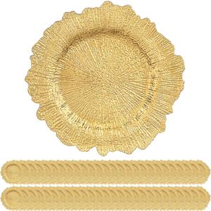 50 Pack Gold Charger Plates Bulk, 13" Plastic Reef Chargers for Dinner Plates, Round Charger Plate with Floral Reef Design for Dinner Wedding Party Table Setting Decoration