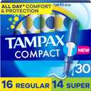 Tampax Compact Pearl Tampons Multipack, with LeakGuard Braid & Extendable Applicator, Regular/Super Absorbency, Compact Extendable Applicator, Unscented, 30 Count