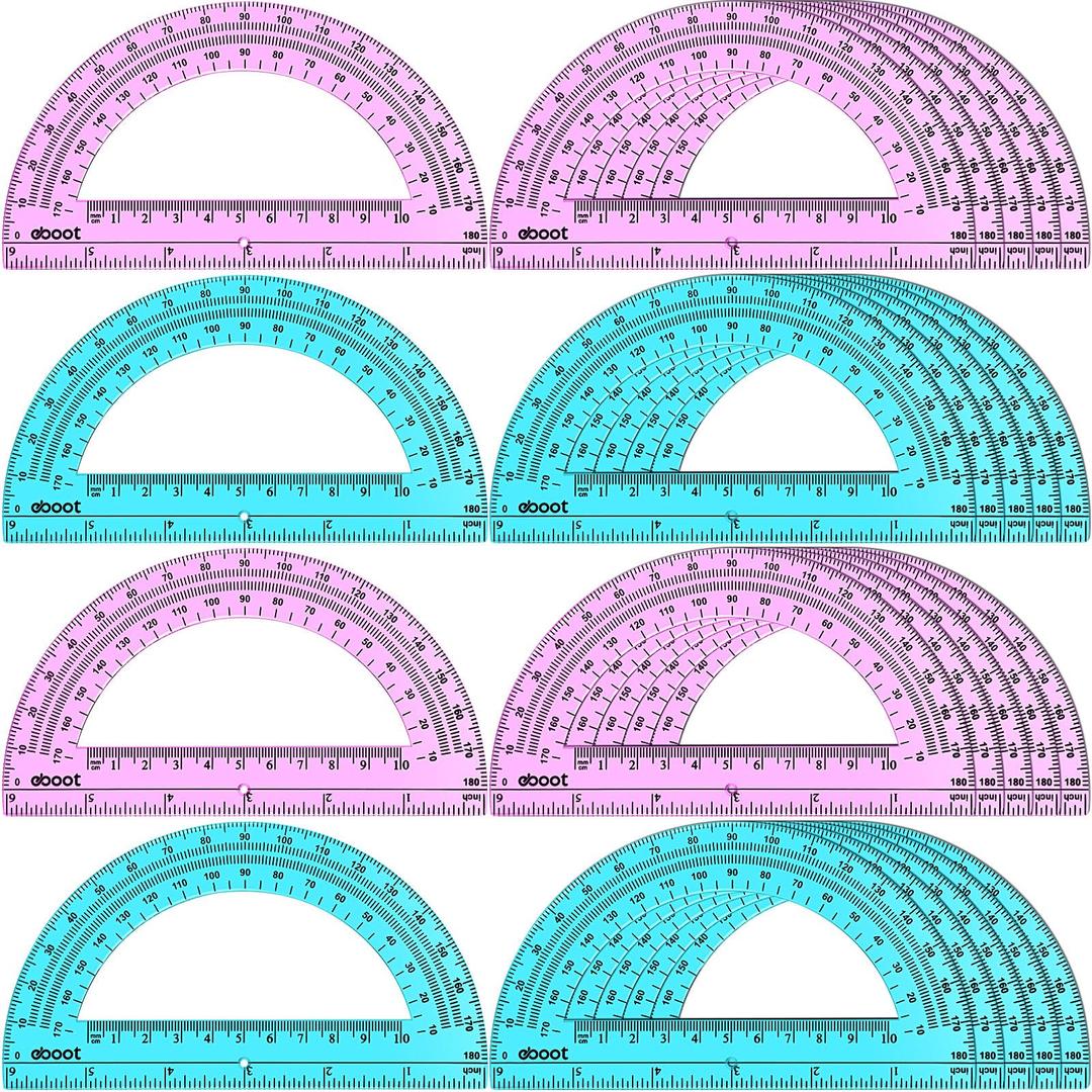 EBOOT 24 Pack Plastic Protractors Math Protractor 180 Degrees 6 Inch (Pink, Blue)