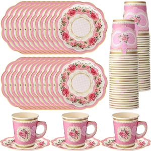 Domensi 60 Pieces Tea Party Decorations Include 30 Pcs 9 oz Paper Cups with Handle and 30 Pcs Tea Party Paper Plates Disposable Blossom Teacups and Saucers for wedding Favors(Classic)