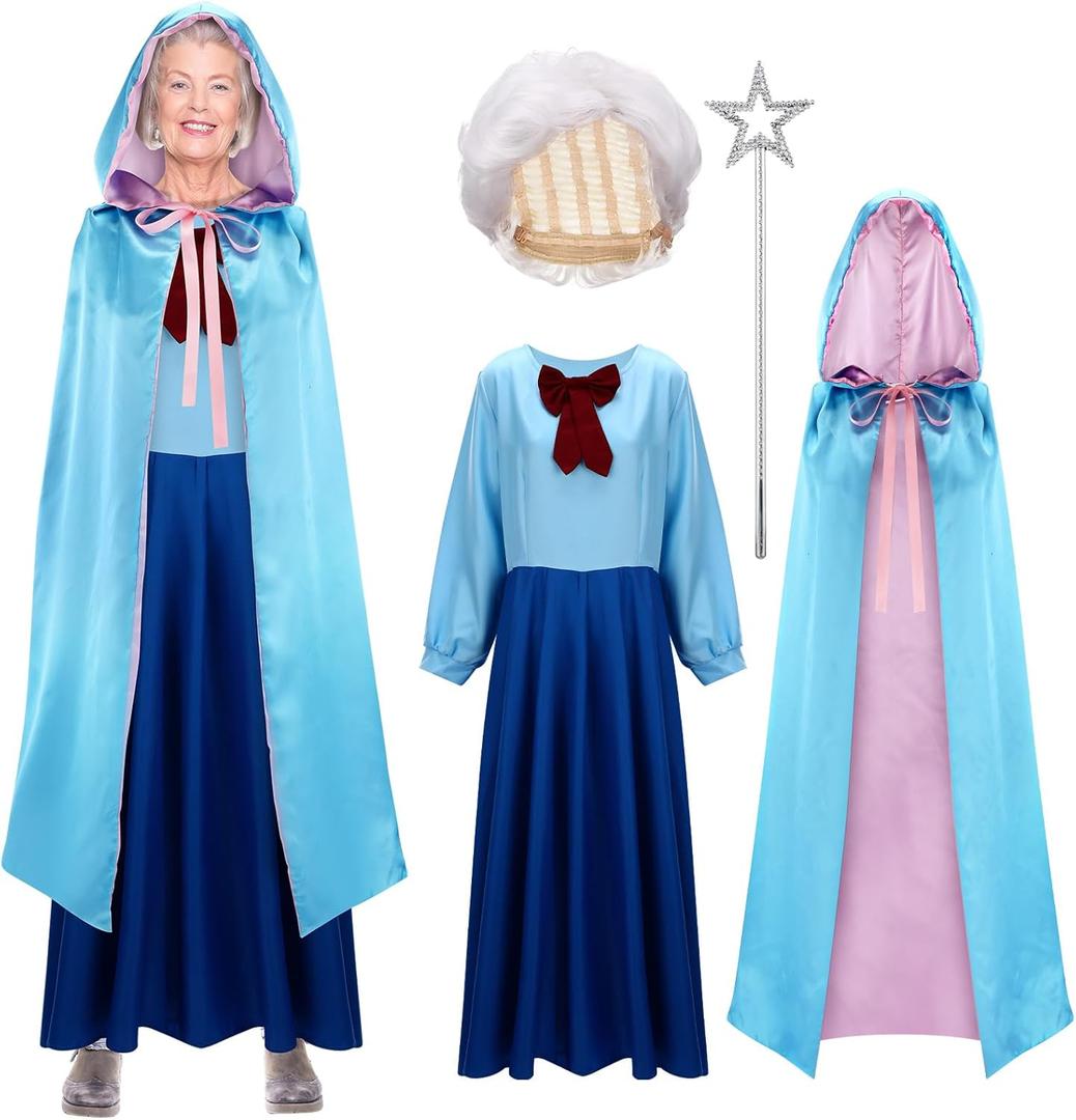 4 Pcs Adult Halloween Fairy Costume for Women with Blue Hooded Cloak Cape,Wig and Wand for Halloween Dress Up, Large