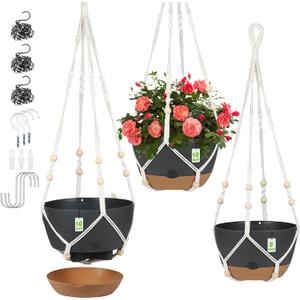 3 Pack Hanging Planters Set, 10 + 10 + 8 Inch Self-Watering Hanging Plant Pot, Macrame Plant Hanger with Pot, Ceiling Hooks, Removable Saucer and Drainage Holes for Indoor, Outdoor Plants - Black