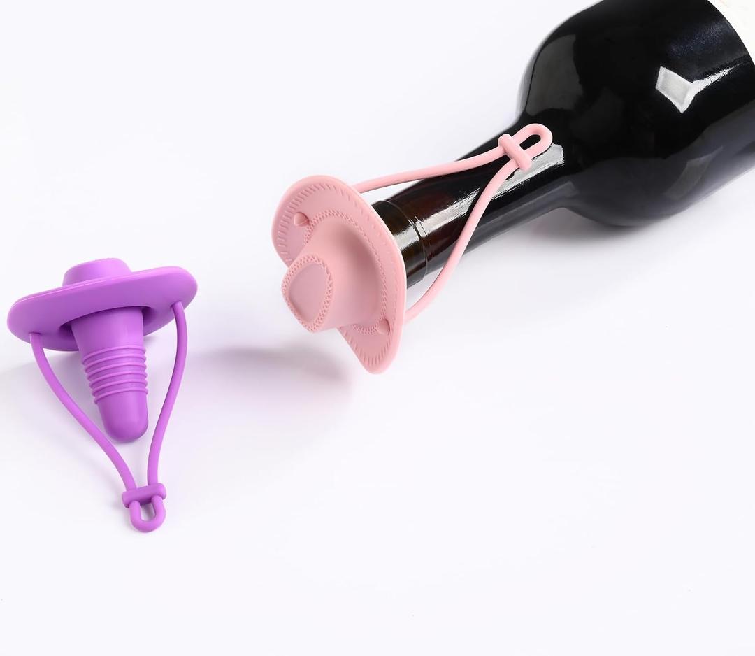Silicone Wine Stopper Cute Wine Accessories Reusable Sealing plug Fun Cowboy Hat bottle Seals keep wine fresh Gifts for Wine Collector replacement Corks (Purple+Pink)