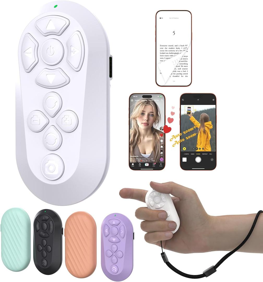 Wireless Remote Controller for iOS/Android Bluetooth Remote Control for TikTok Scrolling/Camera/Video Recording/Kindle App (White)