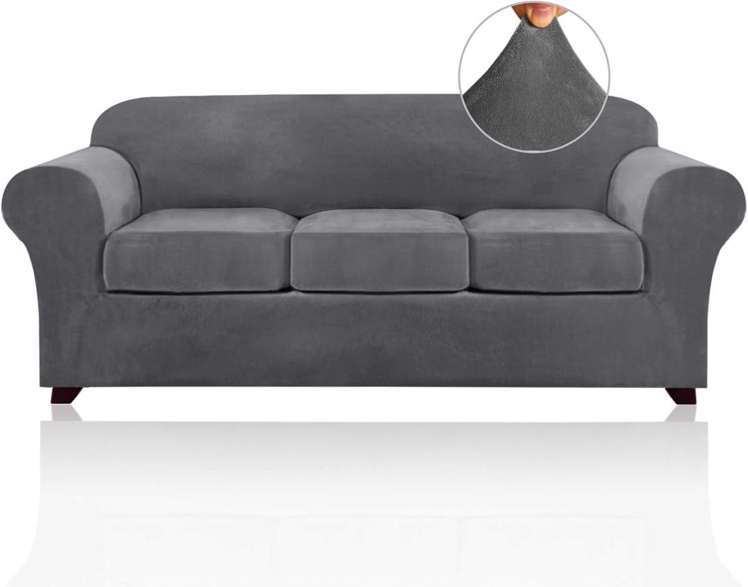 PrinceDeco Velvet Couch Covers for Sofa Soft 4 Pieces Couch Covers for 3 Cushion Couch Sofa Pet Friendly Furniture Protector with Non Slip Elastic Bottom Width Up to 90 Inch (Large, Grey)