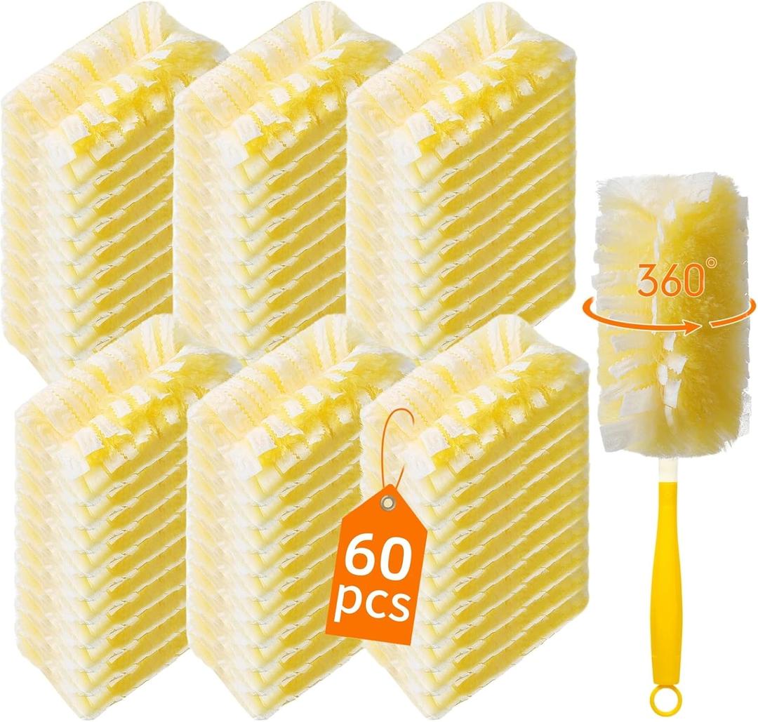 60 Count 360 Heavy Duty Duster Refills Compatible with Swiffer, Large Size-Extra Thick Disposable Electrostatic Feather Duster Refill with 1 Short Handle for Furniture, Blinds, Ceiling Fans