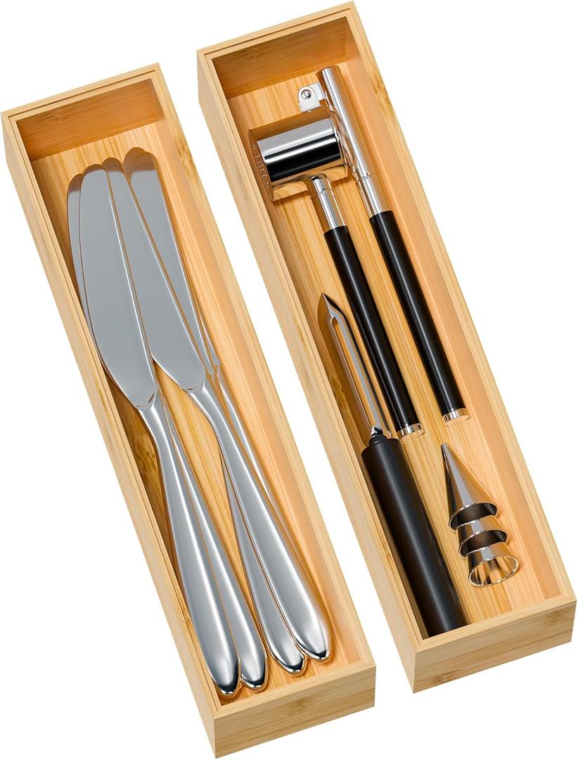 Kitchen Drawer Organizer Bins, Stackable Bamboo Deep Drawer Organizer for Silverware, Utensils, Cutlery, Flatware, Junk Drawer, Dresser, Bathroom, 12" x 3" x 2.5" (Set of 2) (12 x 3 x 2.5 Inch, Bamboo)