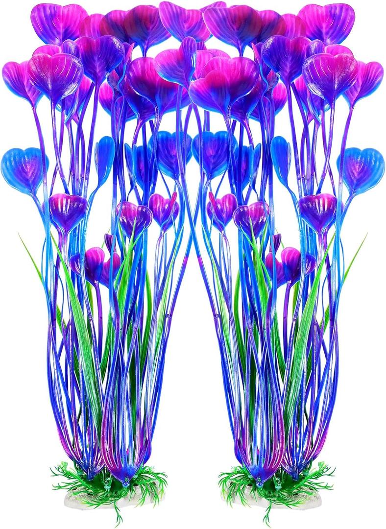 AQUANEAT Artificial Fish Tank Plants, Plastic Aquarium Accessories Large, 15.5 inch Purple Decorations, 2pcs