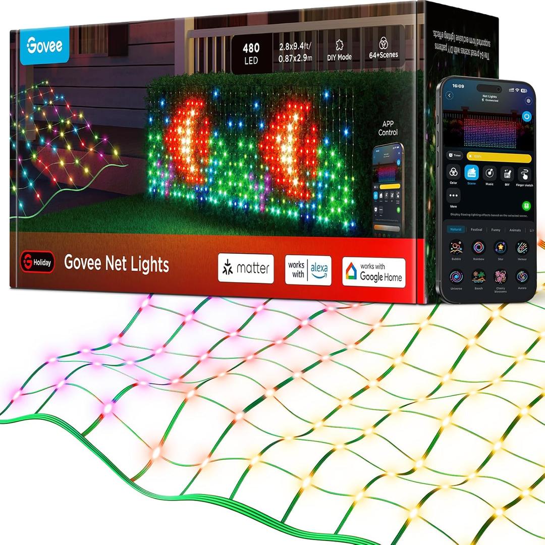 Govee Outdoor Net Lights, 2.8*9.4ft with RGBIC and DIY Functions, 480 LEDs Smart Net Lights with 64 Modes for Bush Patio Decor, Compatible with Alexa & Google Assistant, Outdoor Waterproof, Green Wire Govee Outdoor Net Lights, 2.8*9.4ft with RGBIC and DIY Functions, 480 LEDs Smart Net Lights with 64 Modes for Bush Patio Decor, Compatible with Alexa & Google Assistant, Outdoor Waterproof, Green Wire