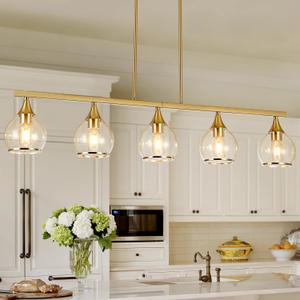 Island Light for Kitchen, 5-Light Gold Kitchen Island Linear Hanging Pendant Chandeliers, Brushed Gold Dining Room Light Fixture Over Table with Clear Round Glass Shades