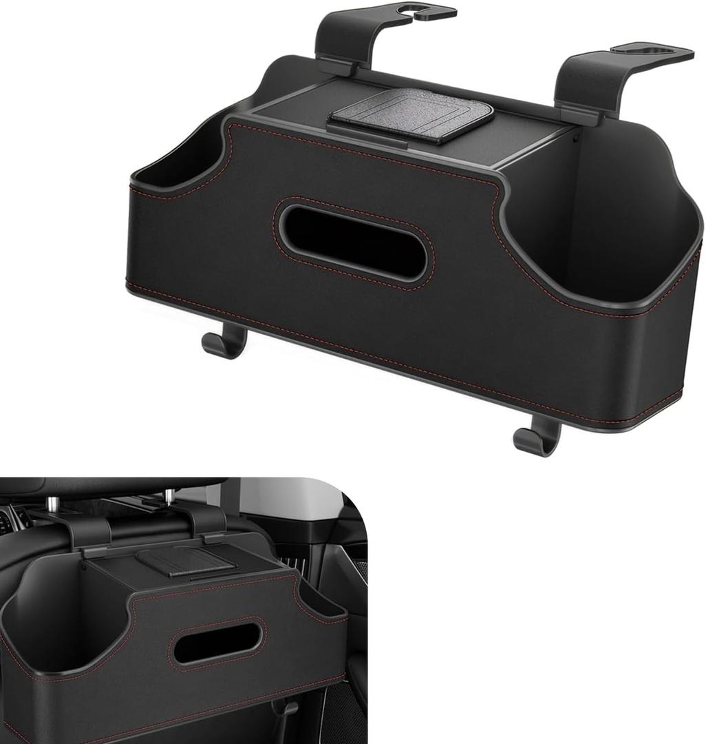 SLIMI 1 PC Car Backseat Organizer, 3 in 1 Multifunctional Double Cup Holder Tissue Box with 2 Hooks, Universal Car Seat Back Organizer, for Most Cars (Black)