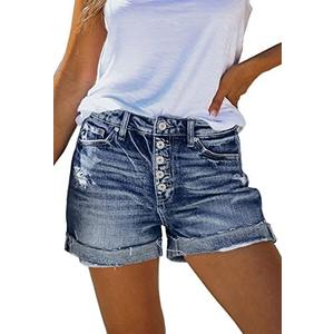 Pink Queen Women's High Waisted Denim Shorts Casual Ripped Summer Hot Short Jeans Frayed Distressed Jeans Shorts with Pockets L