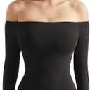 SUUKSESS Women Off the Shoulder Long Sleeve Bodysuit Double Lined Thong Bodysuit (Small, Black)