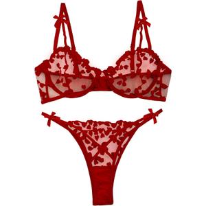 Lilosy Sexy Underwire Cute Push Up Strappy Embroidered Mesh Sheer Lingerie Set See Through Panty Bra (Medium)