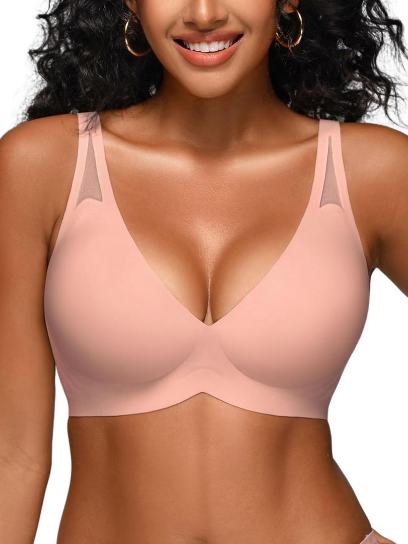 Jelly Bras for Women - Wireless Deep V No Underwire Bralette with Support - Seamless Comfortable Lightly Padded T-Shirt Bra (Small, Cinnamon)