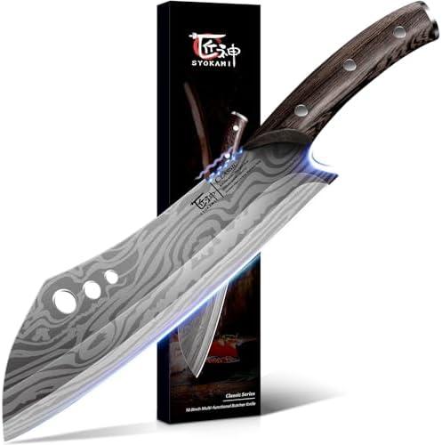 SYOKAMI Butcher Knife, 10 Inch Meat Cleaver Chef Knife with Herb Stripper, Japanese Style High Carbon Steel Kitchen Knife for Chopping & Slicing, Damascus Pattern Full Tang Wood Handle Ideal for Gift
