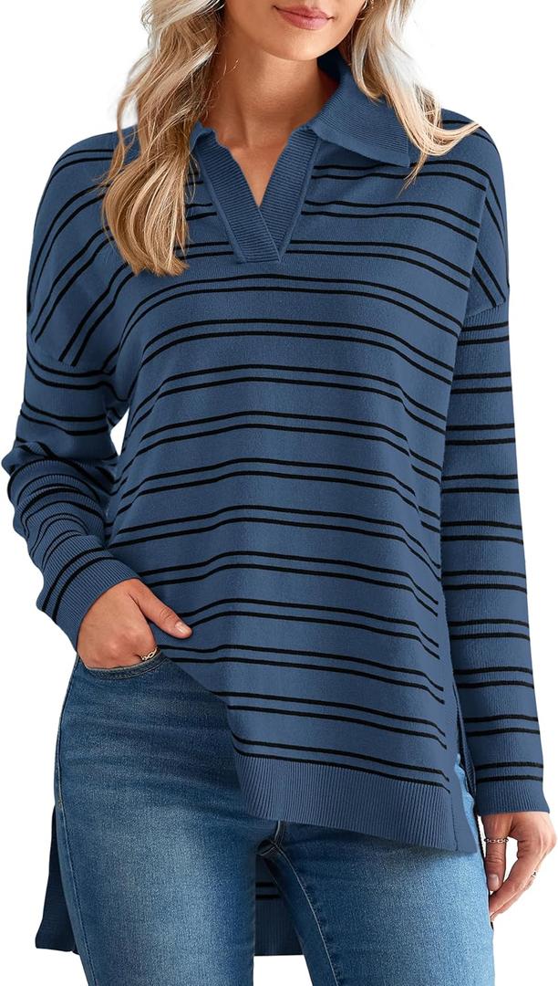 MASCOMODA Womens Sweaters Fall 2025 Oversized Striped Sweater Long Sleeve Polo V Neck Loose Side Slit Knitted Tunic Tops (Blue, L)