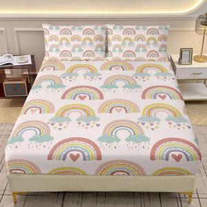 AILONEN Rainbow Twin XL Fitted Sheet Set, 3-Piece (Fitted Sheet + 2 Pillowcases), Microfiber, 3D Digital Print, Elasticated All Round
