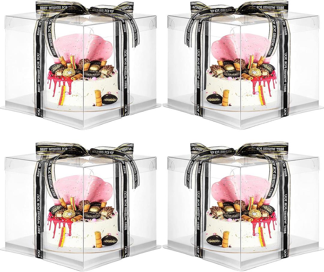 Jetec 4 Pcs Clear Cake Box with Ribbon 10 x 10 x 9 Inch Transparent Tall Cake Carrier Box with Lids Pet Clear Gift Pack for 8 Inch Carry Wedding Birthday Anniversary Baking Dessert Display