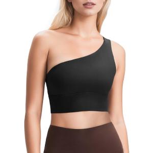 QUEENIEKE Womens One Shoulder Sports Bra Workout Strap Yoga Bras Cute Low Support Tops (Small, #1-black)