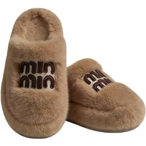 Cozy Faux Fur Slippers with Stylish Letter Embroidery Non-Slip Rubber Sole Soft Indoor Shoes for Home Brown (5-5.5 Women/4.5-5 Men)