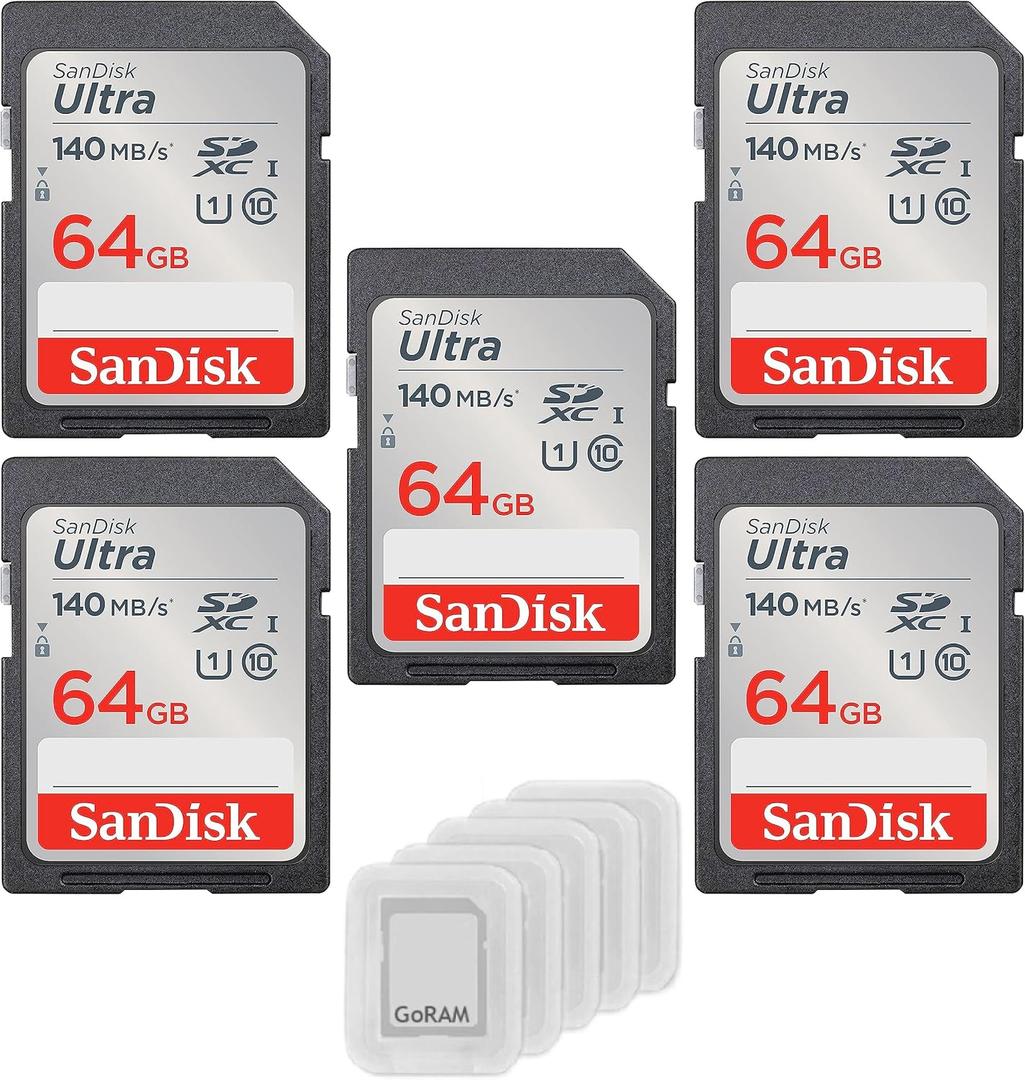 SanDisk 64GB Ultra SDXC UHS-I Class 10 Memory Card 140MB/s U1, Full HD, SD Camera Card SDSDUNB-064G-GN6IN (5 Pack) Bundle with (5) GoRAM Plastic Cases