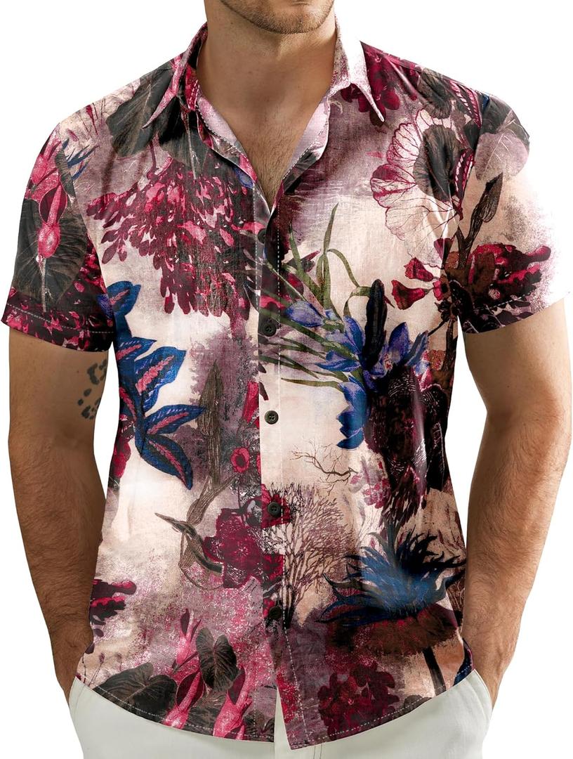 JOGAL Men's Flower Casual Button Down Short Sleeve Hawaiian Shirt (Large, Winered)