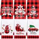 Tatuo 6 Pieces Christmas Decorative Hand Towels Embroidered Santa Reindeer Snowman Christmas Tree Dish Towels Soft Fabric Bathroom Towel for Home Kitchen Bathroom Cleaning (Grids Style)