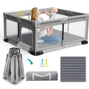 ICAREWAY Foldable Playpen for Babies and Toddlers, 71"x59" Inches Portable Playpen with Mat, Kids Collapsible Play Pen with 2 Handlers, Indoor & Outdoor Baby Play Area with Visible Mesh (Light Gray)