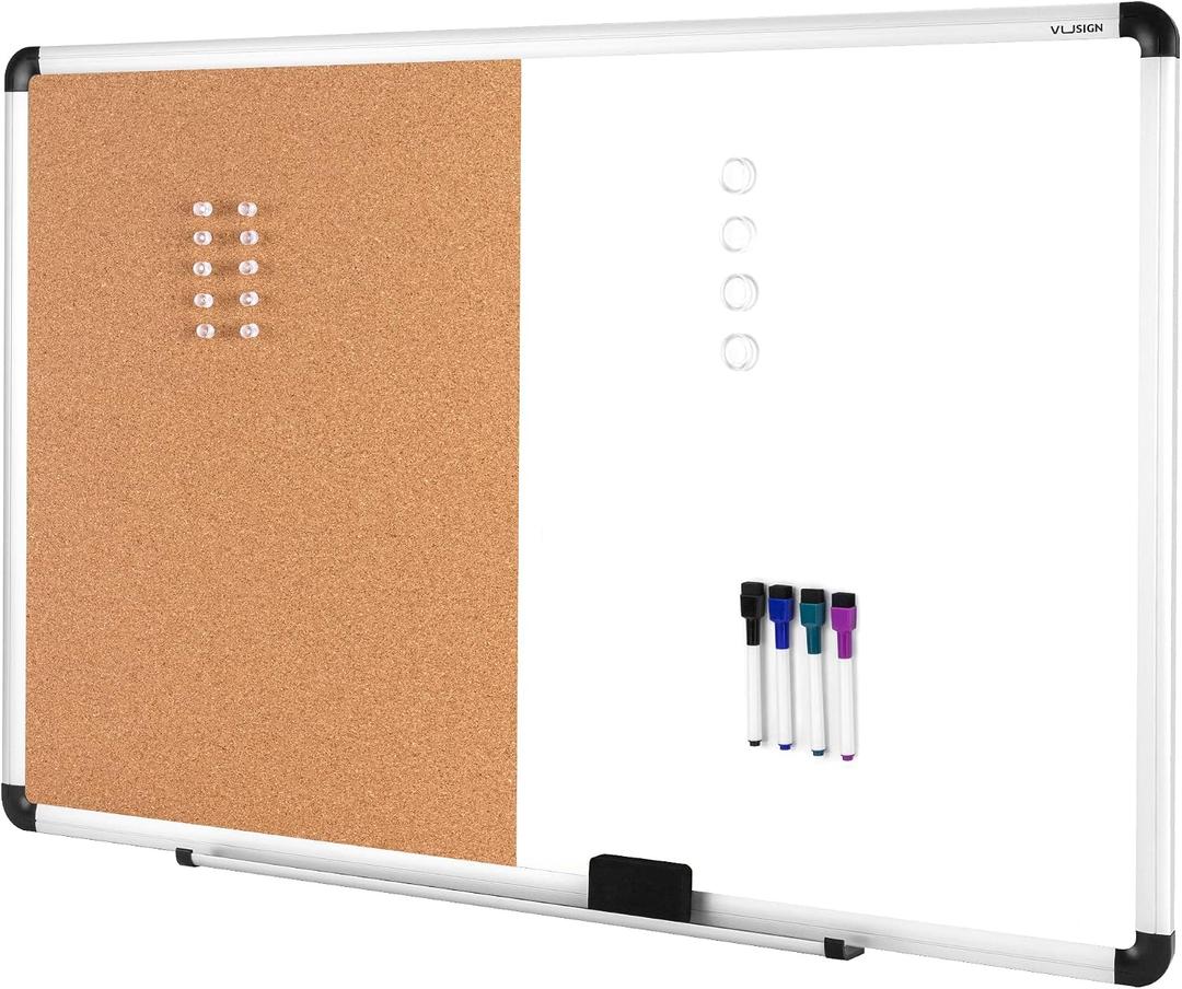 VUSIGN White and Cork Board Combination, 24" x 36" Dry Erase and Corkboard Combo for Home or Office, Wall Mounted Notice Bulletin With Aluminum Frame