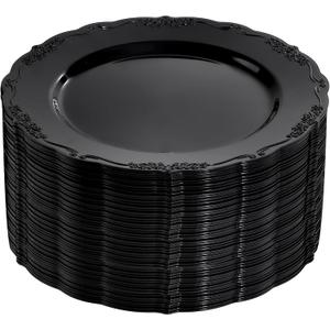 DaYammi 60PCS Black Plastic Plates, Heavy Duty Black Disposable Plates Premium 10inch Dinner Plates Hard Plastic Plates Disposable for Halloween Party and Wedding