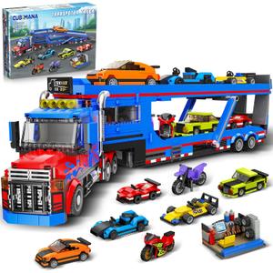 City Car Transporter with 7 Technology Cars Construction Kit - Adjustable Loading Ramp Transport Truck with Sports Car Motorcycles Building Block Transporter Toy Gifts for Children Boys 8-14