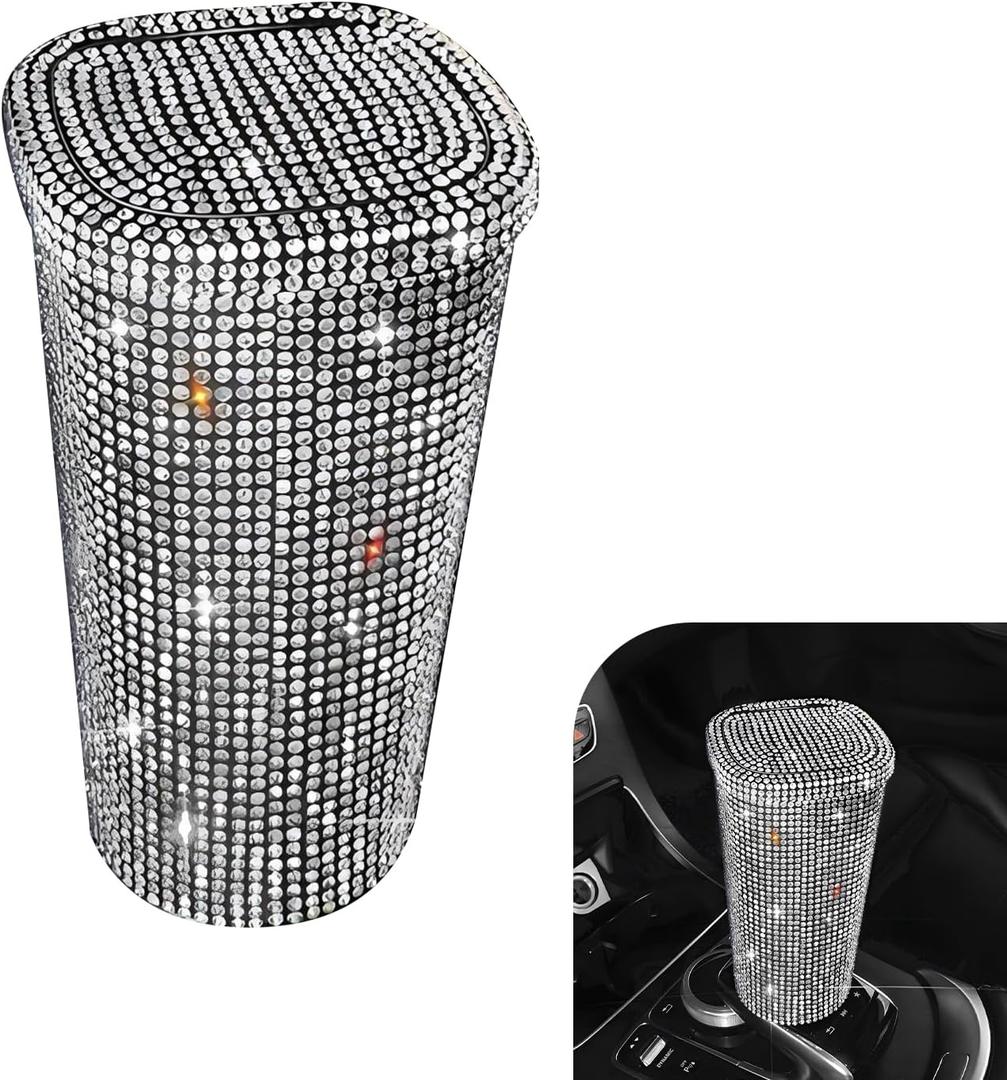 Bling Car Trash Can, Sparkly Rhinestone Cup Holder Car Garbage Can with Trash Bags, Universal for Cars, Offices, Homes  Stylish Cars Interior Accessory for Women (White)