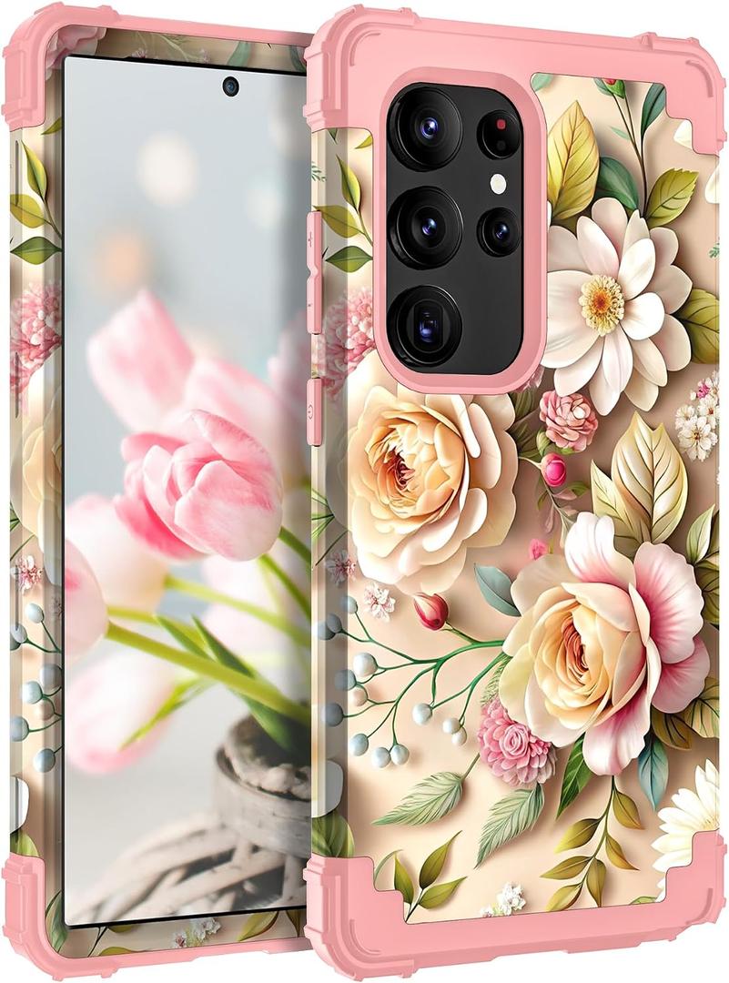 TEECOVER Heavy Duty Case for Samsung Galaxy S24 Ultra, Rose Gold Flowers | Shockproof Full-Body Drop Protection Hard Plastic Bumper + Soft Silicone Rubber Protective Case for Women Girls.