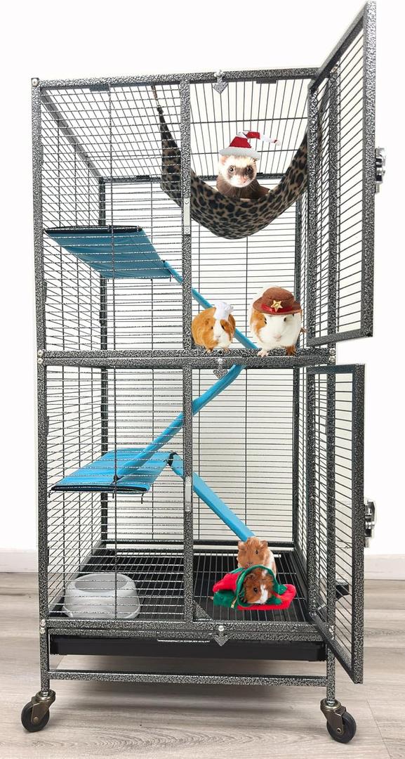 Deluxe Double Unit Two Full Story Durable Front Doors Tight 1/2-inch Wire Spacing Chew-Free Small Animal Critter Home Cage Water Bottle Food Bowl for Feisty Ferret Hammock Rat Mice On Wheels (Black Vein)