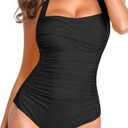 Smismivo Tummy Control Swimwear Halter One Piece Slimming Vintage Retro Swimsuit Womens Ruched Plus Size Push Up Bathing Suit Black M