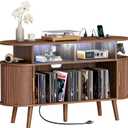 PRAISUN 47.2 Inch Large Record Player Stand with Power Outlets & 3-Color Lights, Vinyl Record Stand with 2 Fluted Cabinets, USB-C Port, Mid Century Modern Player Stand, Open Storage, Walnut