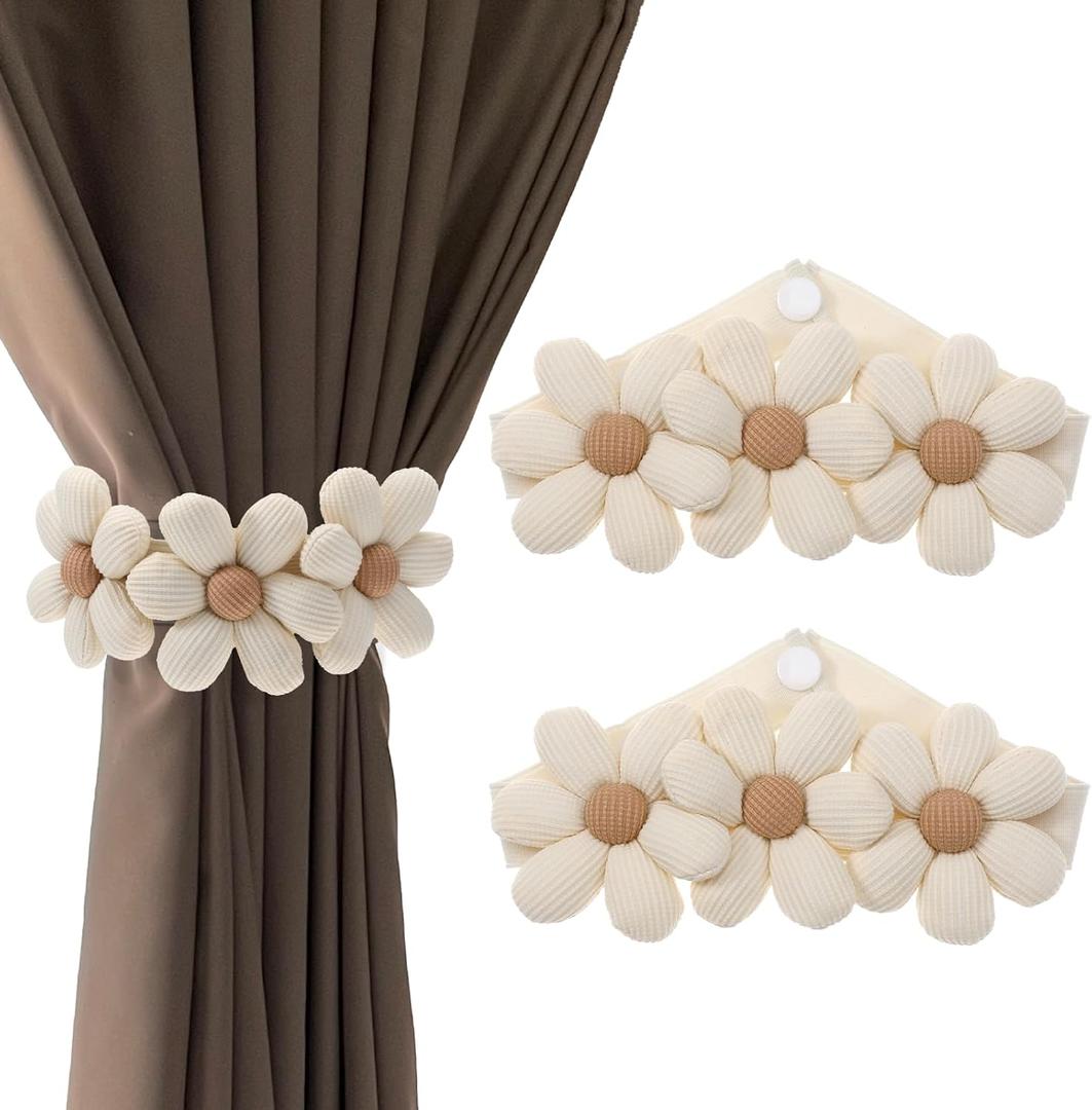 2 Pcs Flower Curtain Tiebacks Daisy Curtains Buckles Curtain Ties Decorative Rope Boho Curtain Tiebacks Cute Sunflower Curtain Holders Simple Elegant for Bedroom Livingroom Window Treatment