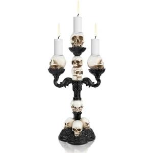 Skull Candle Holder, Resin Desktop Tealight Skeleton Candlestick, Spooky Gothic Crafts for Halloween Easter Home Bedroom Living Room Party Graveyard Outdoor Bar Decor Supplies (3 Heads)