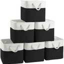 FinishingBo Large 11x11 Inch Cube Storage Bins with Cotton Handles for Closet, Shelves, Clothes, Towel (White/ Black-6 Pack)