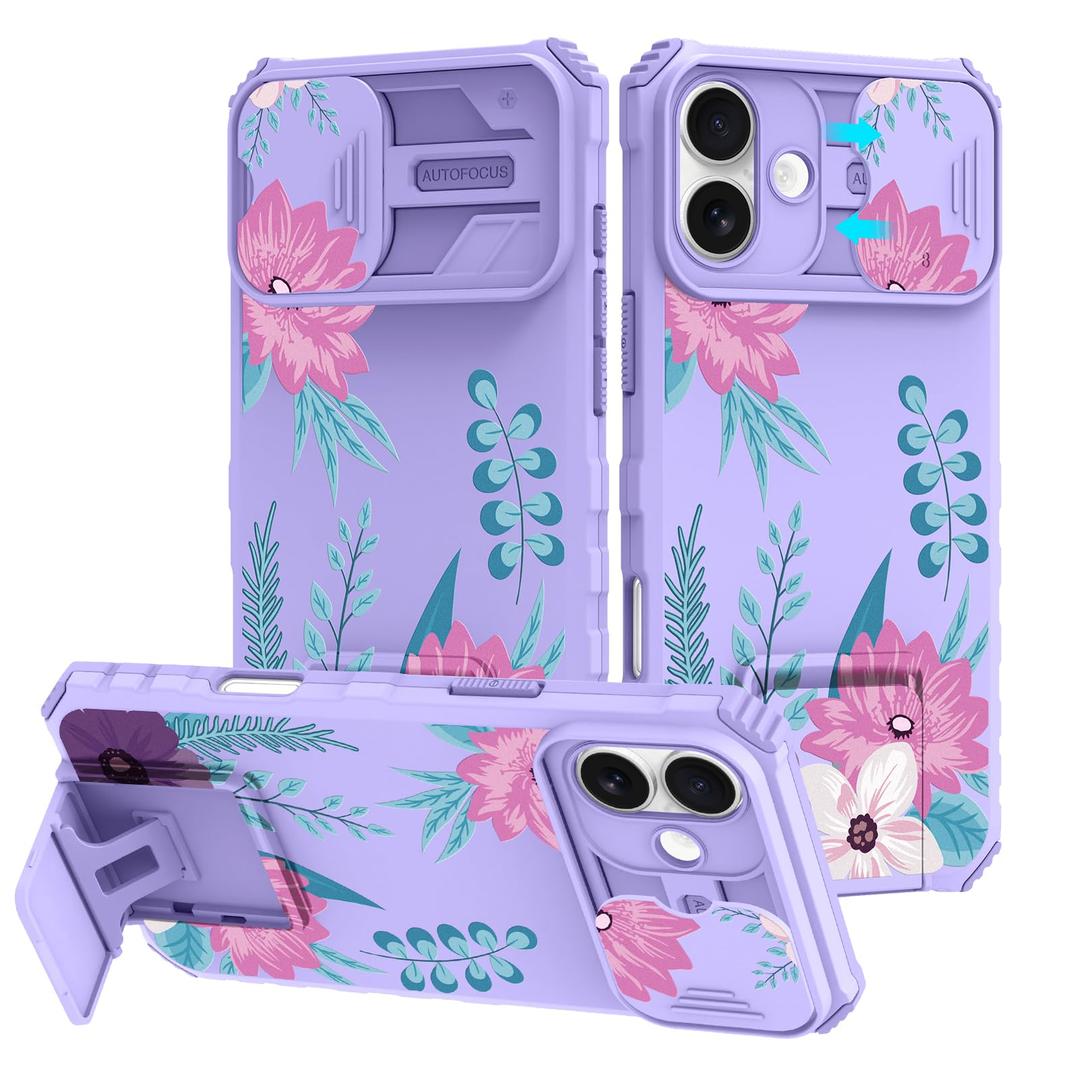 ZIYE for iPhone 16 Plus Case with Camera Cover and Stand, Aesthetic Floral Flower Design for Women Girls, Adjustable Kickstand Dual Layer Shockproof Protective Cover, Purple